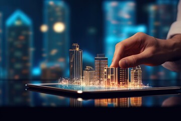 Detail of A man using digital tablet with a modern buildings hologram on it. Real estate business and building technology concept, illustration generative ai