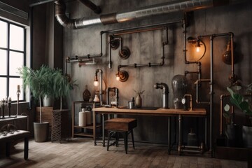 Wall Mural - a room with a vintage and industrial style, featuring natural materials, exposed pipes and ducts, created with generative ai