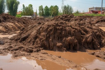 Sticker - pile of soil and fertilizer runoff, mixing with water and creating toxic sludge, created with generative ai