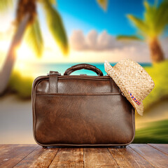 Sticker - Brown suitcase and summer ocean landscape 