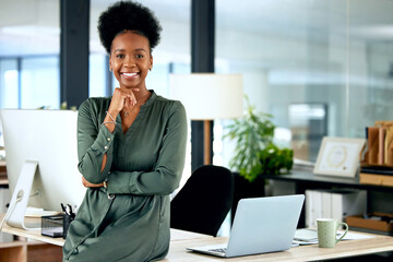 Wall Mural - Portrait of confident black woman in modern office with smile, computer and African entrepreneur with pride. Happy face of businesswoman at small business startup and female boss at management agency