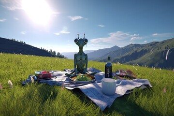 Wall Mural - alien having picnic on the grassy hillside, with stunning vista visible in the background, created w