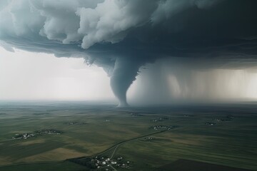 Wall Mural - aerial view of tornado with storm clouds spinning overhead, created with generative ai