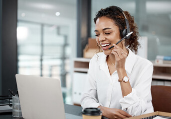 Poster - Call center, telemarketing and woman with a smile, help and advice with customer service, laptop or talking. Female person, consultant or agent with a headset, tech support or consulting in an office