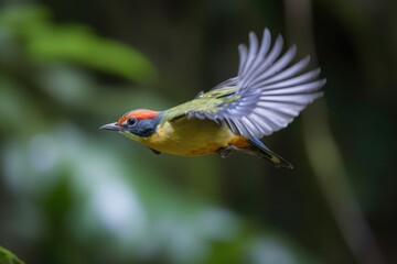 Canvas Print - colorful bird in flight, with view of green forest visible in the background, created with generative ai