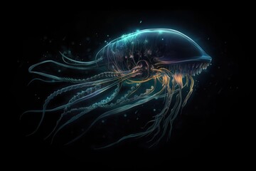 Wall Mural - deep-sea creature swimming in the darkness with its bioluminescent lights shining, created with generative ai