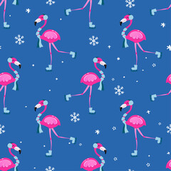 Wall Mural - Cute Flamingo pattern for Christmas - Adorable flamingo, snow flakes, illustration. Hand drawn wallpaper. Good for textiles, nursery, wallpaper, clothes. Merry Christmas gift wrapping paper