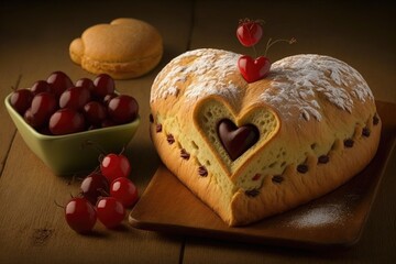 Poster - heart-shaped bread loaf with a piped heart and cherry filling, created with generative ai