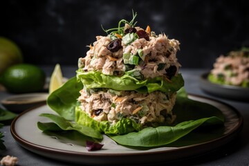 Wall Mural - stack of crisp lettuce leaves topped with creamy tuna salad, created with generative ai