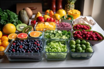 Poster - meal prep station with different types of fruits and vegetables for variety, created with generative ai