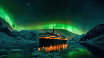 aurora borealis over fjord landscape with cruise ship. generative ai.