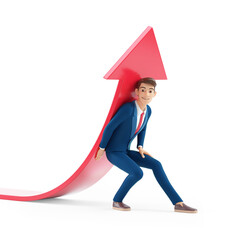 Wall Mural - 3d cartoon businessman lifting up red arrow