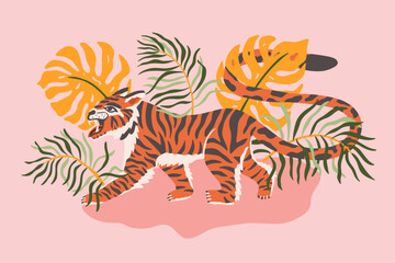 Vector background with abstract tiger in jungle. Retro japanese oriental style. Endangered animal. Flat hand drawn for t shirt print, logo, poster template, tattoo idea.
