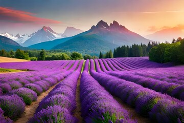 A sprawling field of lavender, with rows of purple flowers creating a soothing and aromatic landscape