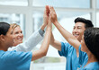 © K.A./peopleimages.com - High five, happy or doctors with medical success in celebration of surgery results in hospital with bonus. Team work, winners or nurses smiling to celebrate targets, mission or winning goals together