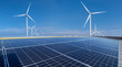 Solar panels and wind turbines open filed alternative EcoPower electricity solar energy and wind energy hybrid power plant systems station use renewable energy to generate power concept.