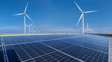 solar panels and wind turbines open filed alternative ecopower electricity solar energy and wind ene