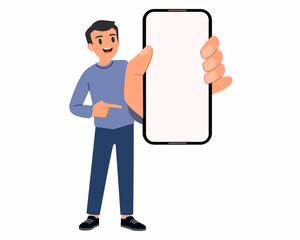 Men showing blank smartphone screen and pointing advertisement mobile phone, mobile app.