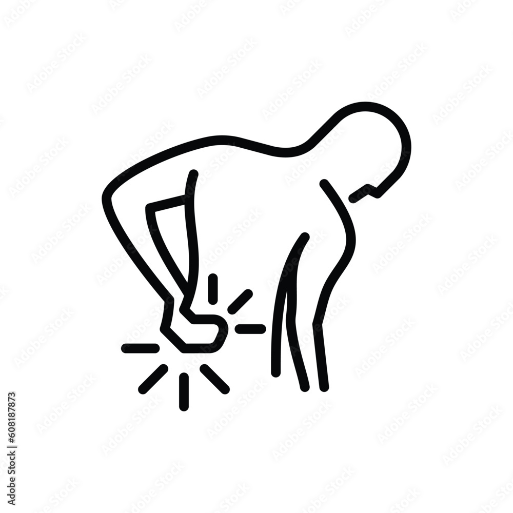 Backache thin line icon. Man touching his back. Osteoporosis, arthritis ...