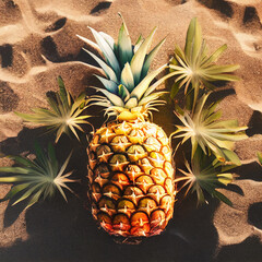 Wall Mural - a composition of pineapple and large leaves is laid out on the sand. Generative AI.