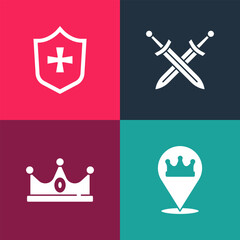 Sticker - Set pop art Location king crown, King, Crossed medieval sword and Shield icon. Vector