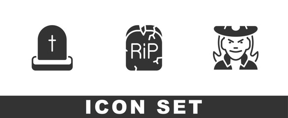 Sticker - Set Tombstone with RIP written, and Witch icon. Vector