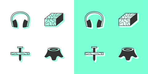 Sticker - Set Tree stump, Headphones, Metallic nail and Wooden beam icon. Vector