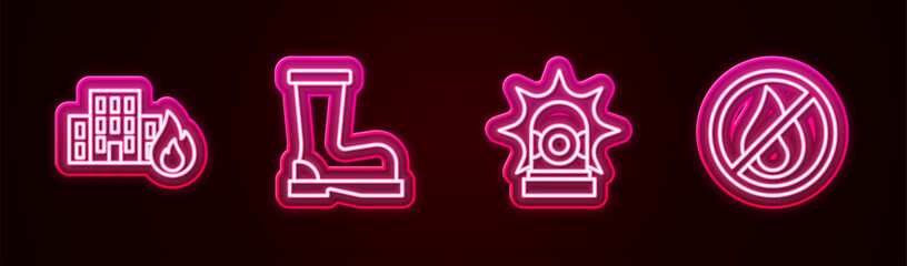 Sticker - Set line Fire in burning buildings, boots, Flasher siren and No fire. Glowing neon icon. Vector