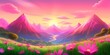 © RemsH - illustration background mountain with foreground pink flowers, colors pink, purple. cartoon