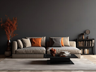 Wall Mural - Living room interior with grey sofa, two coffee tables on the carpet and the floor lamp. Empty gray wall mockup. A pile of books on the carpet, a candle and flowers on the table