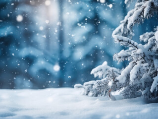 Blue winter christmas nature background, Snow-covered fir branches, snowdrift against defocused blurred forest and falling snow