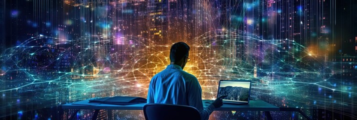 Digital technology, internet network connection, big data, digital marketing IoT internet of things. Man using modern computer surfing internet futuristic innovative technology background
