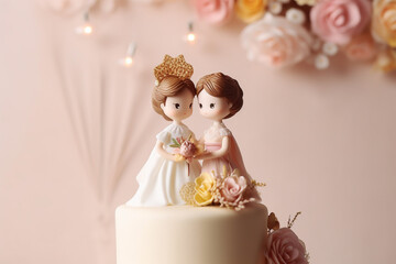 Wall Mural - Cute Wedding cake topper with two brides. Gay marriage concept. Generative AI illustration