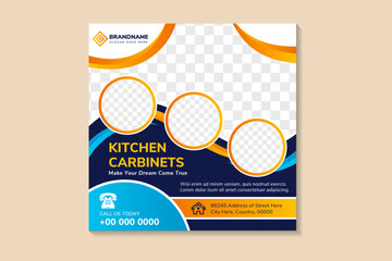 Wall Mural - Abstract square background concept with circle for kitchen carbinets social media post banner, brochure, flyer design template. Space for photo collage. combination yellow and blue.