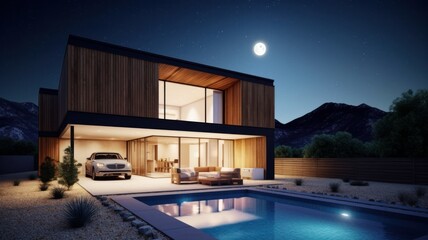 Wall Mural - Modern stylish two-story villa in a minimalist style with large panoramic windows, a car in the parking lot and a swimming pool in the foreground at night in the moonlight. Generative AI