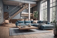Modern Living Room. A Fashionable Sofa, A Coffee Table, An Elegant Wooden Staircase To The Second Floor. Soft Shades Of Gray And Blue. Modern Minimalism. Generative AI