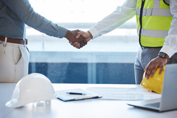 Poster - Planning handshake, meeting and builders with a deal for a maintenance contract or agreement. Thank you, support and an architect and builder shaking hands for contractor support and partnership