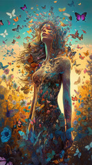 Wall Mural - woman with flowing hair standing in a feild of butterfly Generative AI