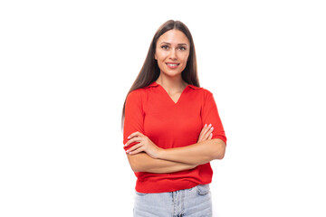 beautiful brunette woman in a red stylish v-neck blouse on a white background with copy space