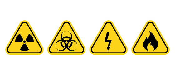 danger signs vector icon set. radioactive, biohazard, high voltage, flammable warning symbol. cautio