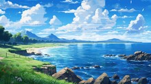 Beautiful Sea Nature With Anime Style Landscape Illustration Generative AI