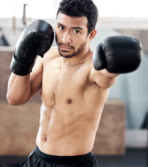 Poster - Boxer, portrait and serious man in gym for punch, exercise and training for fight. Face, boxing and male athlete, fighter or sports person workout, fitness and practice for martial arts challenge.