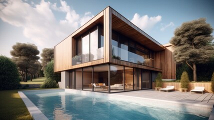 Wall Mural - A modern two-story, minimalist high-tech style villa with huge panoramic windows, a spacious terrace, a swimming pool and sun loungers. Generative AI