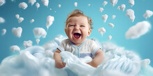 Kind Baby Ist Glücklich Und Zufrieden Und Lacht Vor Freude Vor Blauem Hintergrund Mit Kleinen Wölkchen, Ai Generativ