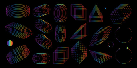 The collection of abstract shapes is a trendy mixture of modern diverse design elements and geometric shapes. A set of cyberpunk retro-futurism, vaporwave. Design elements for the web, advertising