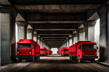 Red trucks under a highway overpass. Generative AI