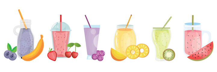 Set of different tasty smoothies on white background