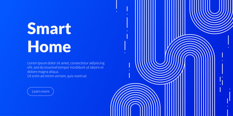 Linear white lines forming a smart home themed banner with fingerprint security and technology network motifs symbolizing technological automation concepts in an abstract digital blue background