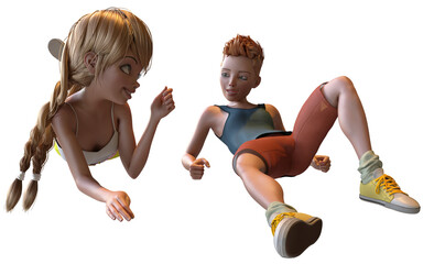 Wall Mural - 3d Illustration of two stylized characters dressed in excercise gear relaxing and talking after their workout.