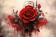 Red Rose Fantasy Art On Grunge Background, Generative AI